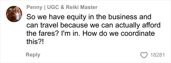 A comment about buying Spirit Airlines, asking about equity and affordable travel, with a woman's profile picture.