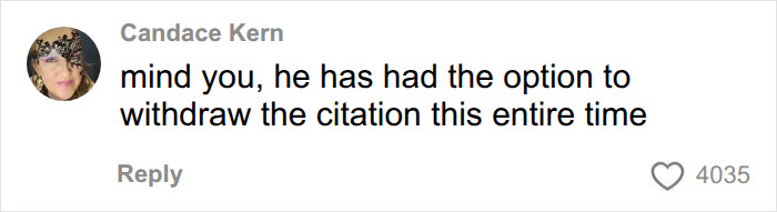 Comment about withdrawing citation related to ticket incident Comment about withdrawing citation related to ticket incident