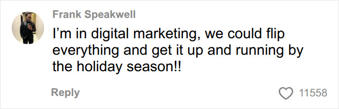 A comment from Frank Speakwell suggesting flipping everything by holiday season, relating to the Spirit Airlines joke.