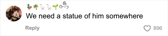 A social media comment with emojis: duck, palm tree, two geese, sprout. Text reads, We need a statue of him somewhere, referring to David Attenborough.