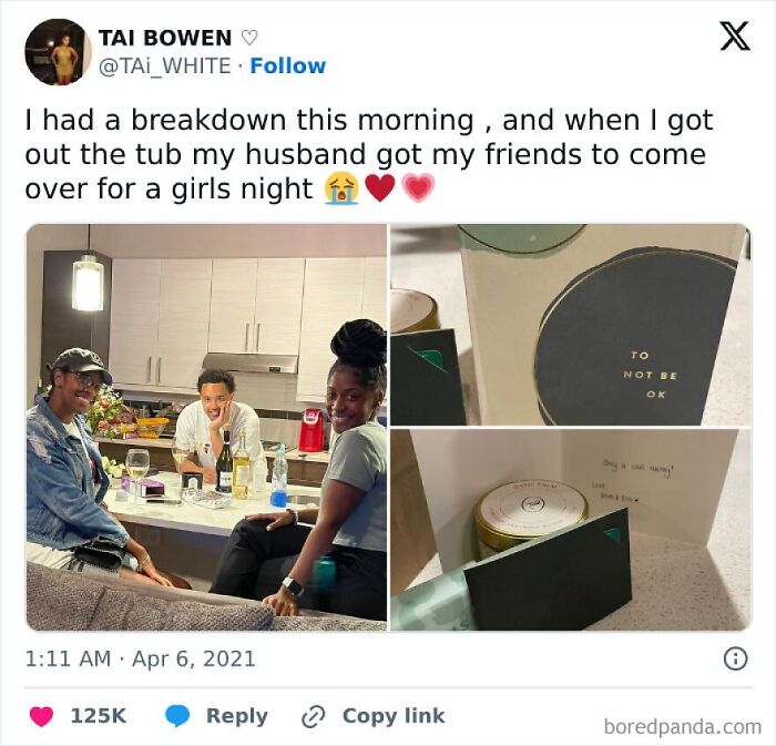 A tweet about a husband organizing a girls' night. Image shows friends in a kitchen and gifts like a candle and a card.