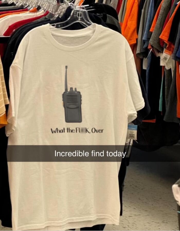 A white t-shirt with a radio graphic and the text What the F--K, Over, a brilliant and bizarre t-shirt find.