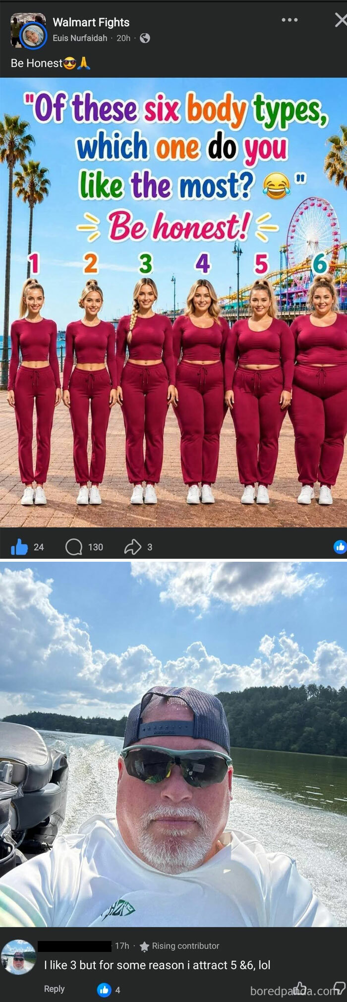 Post comparing six female body types asking which is liked most with a man commenting