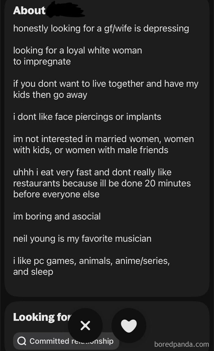 Profile description seeking loyal white woman and commitment in dating profile