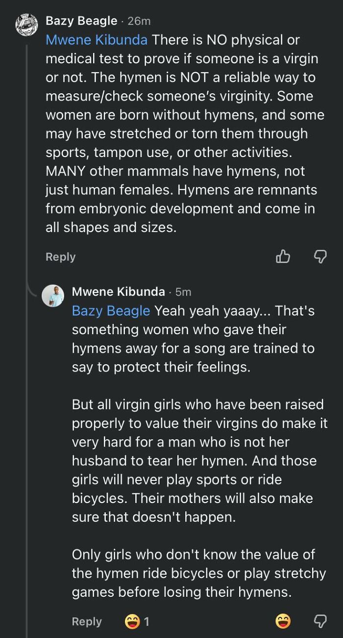 Screenshot of a conversation about hymen myths and virginity value