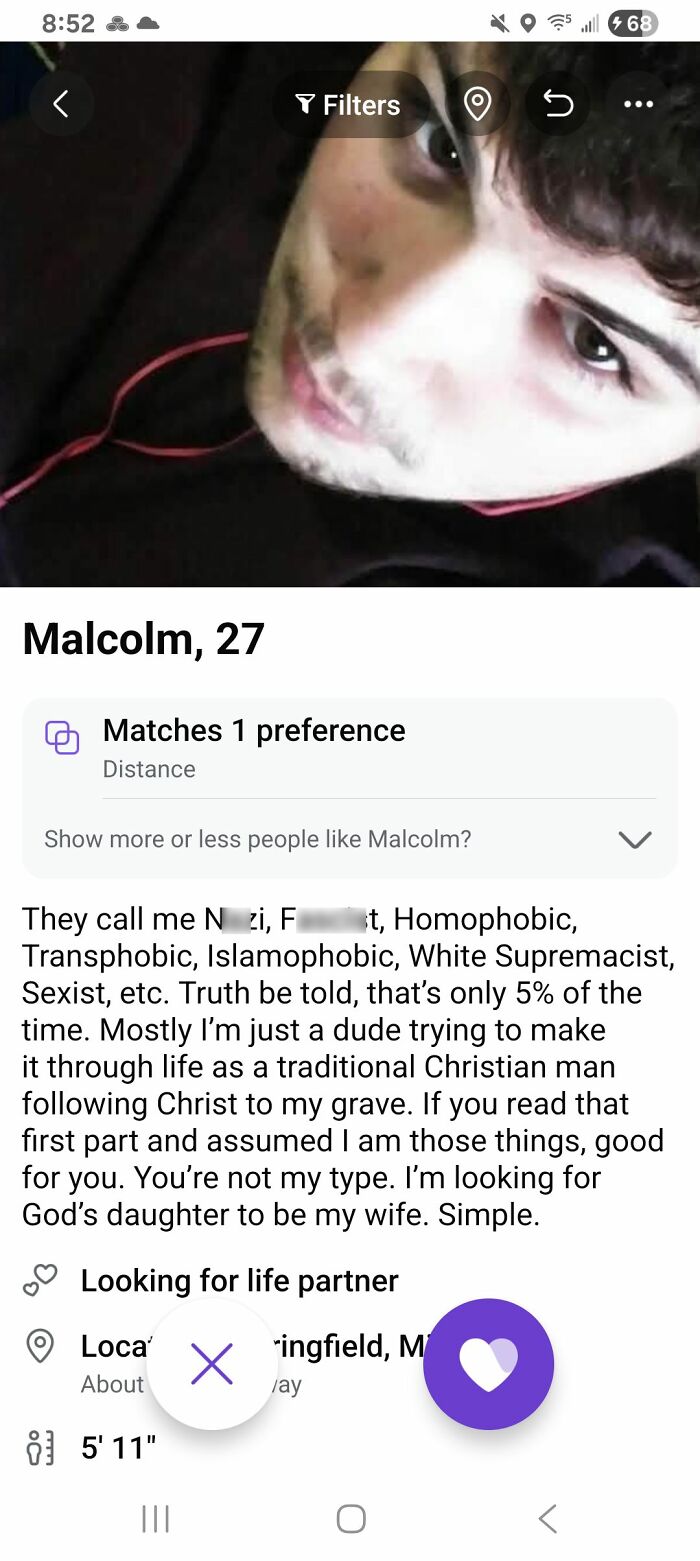 Dating profile of a man named Malcolm explaining his controversial views and partner preference