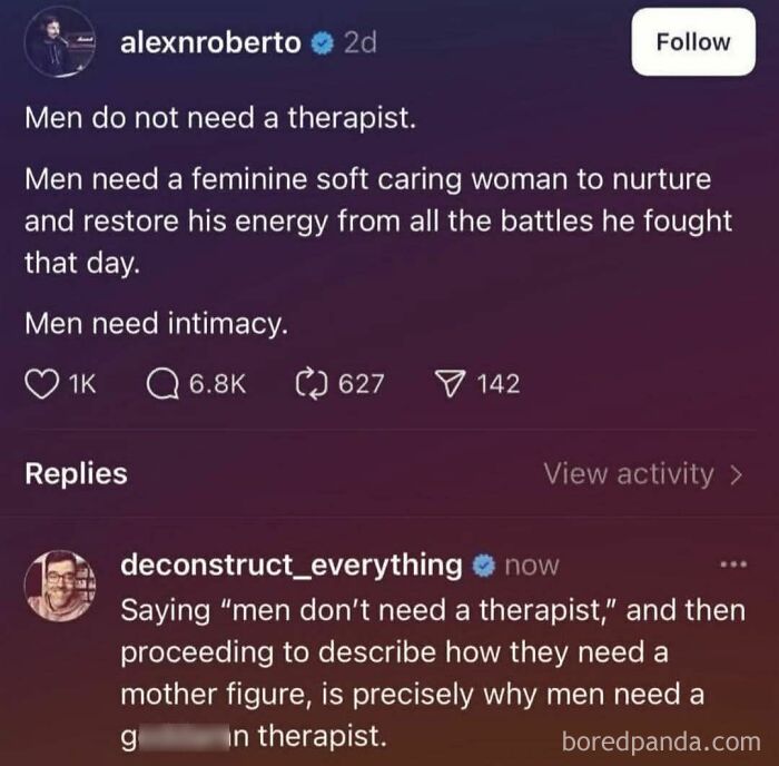 Social media post debating men's need for therapists versus feminine nurturance