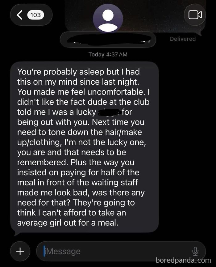 Text message about feeling uncomfortable at the club and awkwardness over meal payment