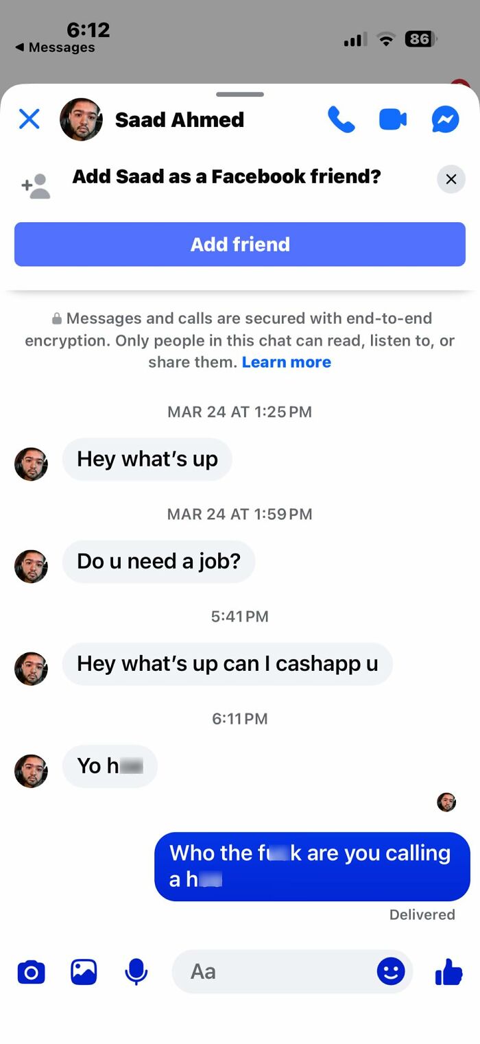 Facebook chat with man asking about job and sending messages