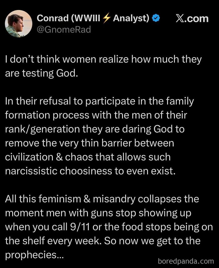 Tweet discussing feminism and misandry impacting civilization with men and family roles