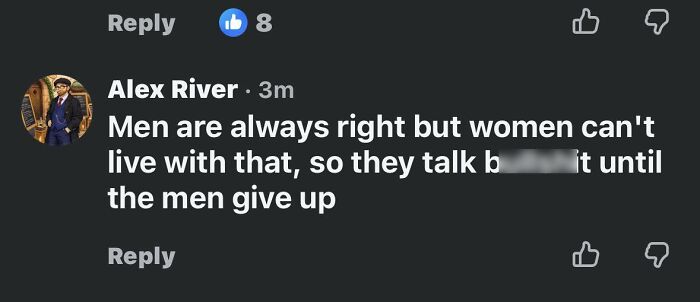 Comment claiming men are always right with women talking until men give up