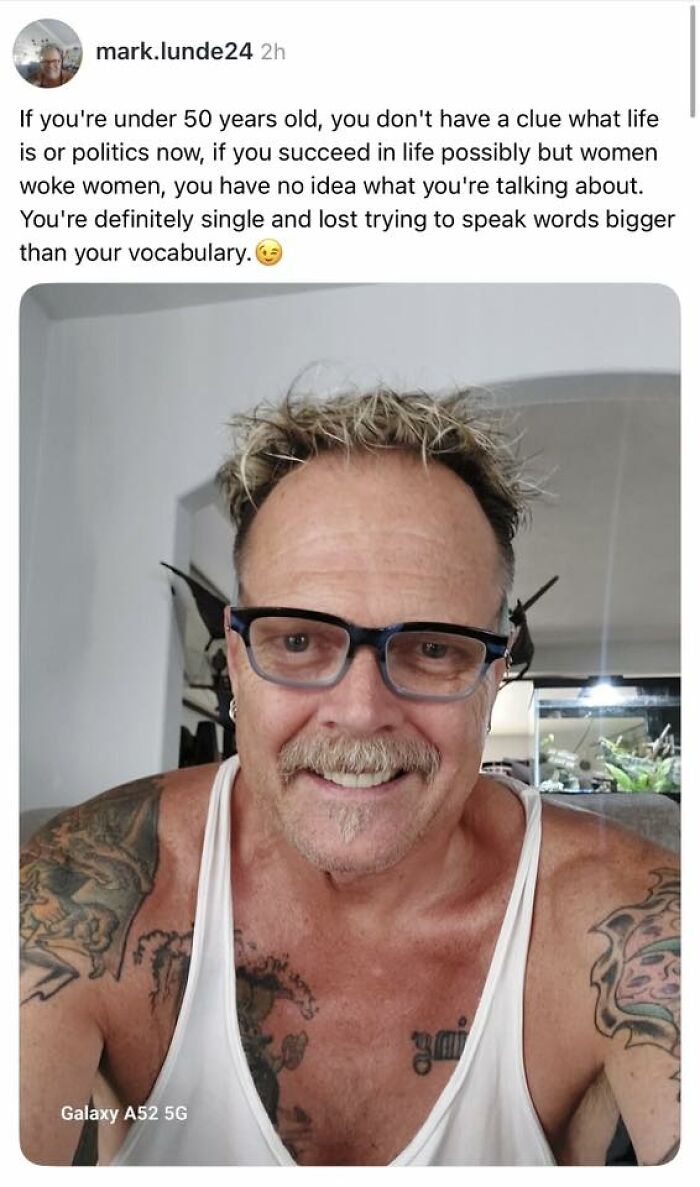 Man in tank top criticizes younger men reflecting confusion about current market value