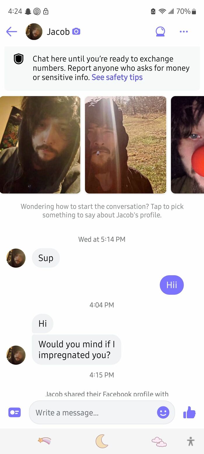 Online chat where man asks about impregnating shows confusion about current market value