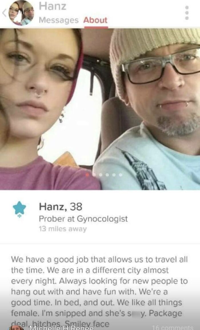Profile of man named Hanz, 38, joking about being a prober at gynecology