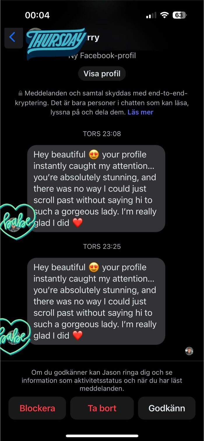 Screenshot of a dating message expressing attraction to a woman's profile