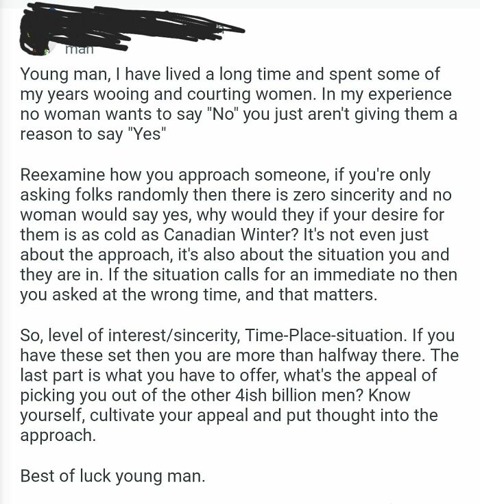 Text post advising about sincere approach in dating and market value