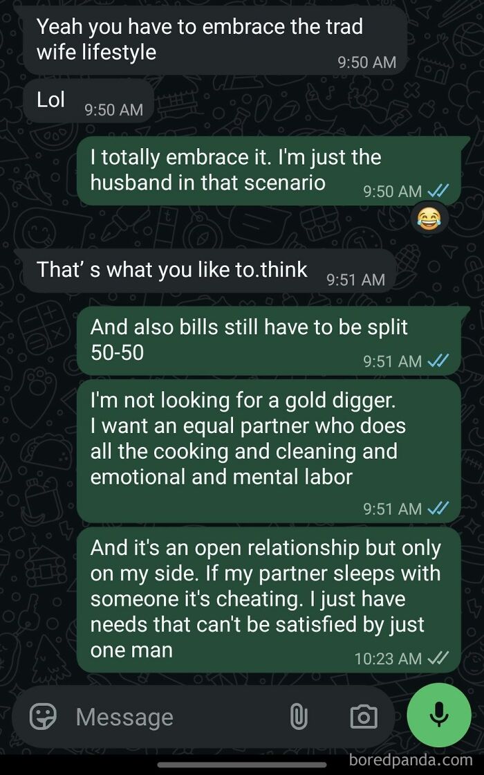 Chat conversation about trad wife lifestyle and relationship balance revealing market confusion