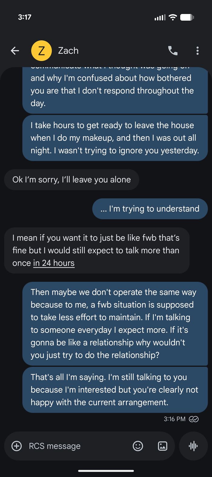 Text message conversation about confusion on current market value and relationship expectations