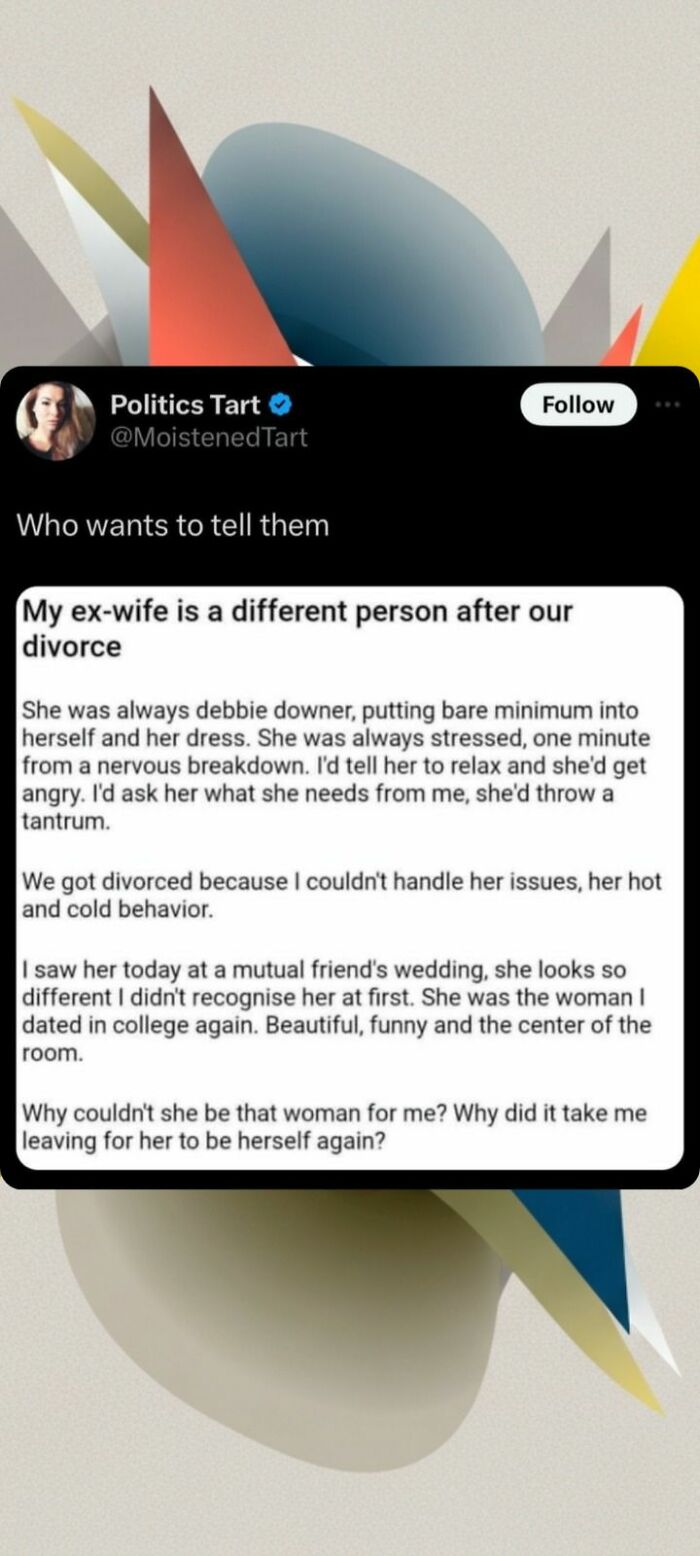 Twitter post about ex-wife's change after divorce with market value context