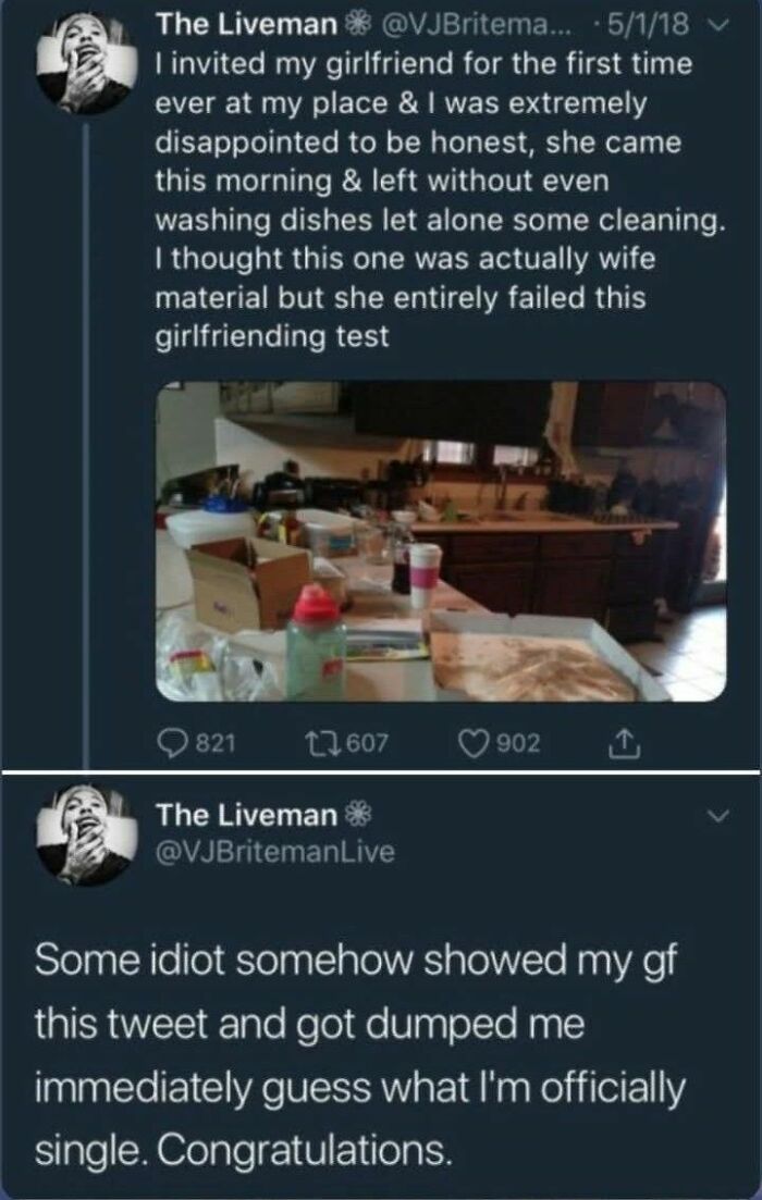 Screenshot of tweet about girlfriend failing relationship test and breakup with market value keyword