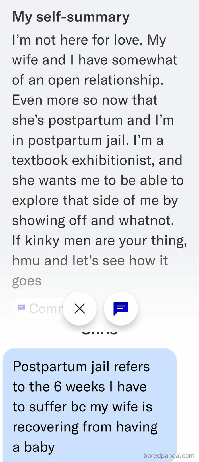 Dating profile self-summary about open relationships and postpartum jail period explained