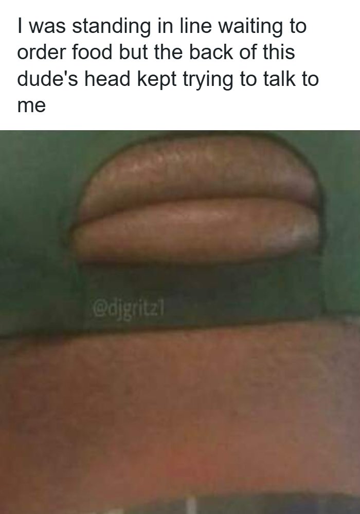 Back of person's head with hair resembling lips in pareidolia image