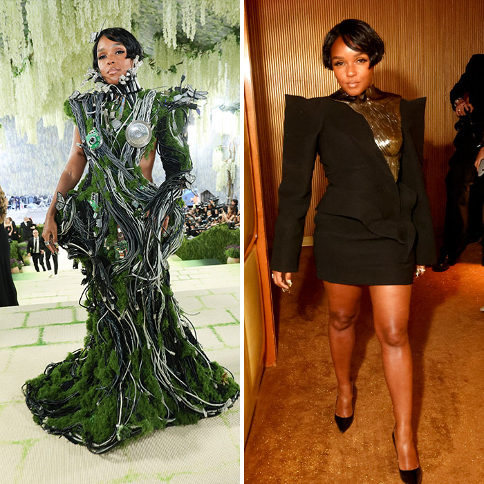 Janelle Monáe's Met Gala fashion transformation: from an elaborate, tech-inspired gown to a sleek black afterparty mini-dress.