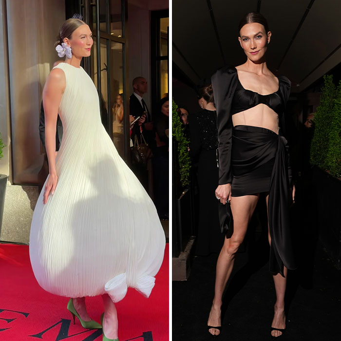 Karlie Kloss's Met Gala fashion transformation, from a unique white gown to a sleek black afterparty look.
