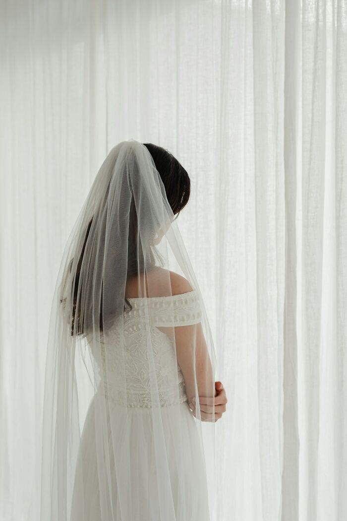 A bride from behind, wearing a veil and white wedding dress, looking out a window, perhaps before her wedding.