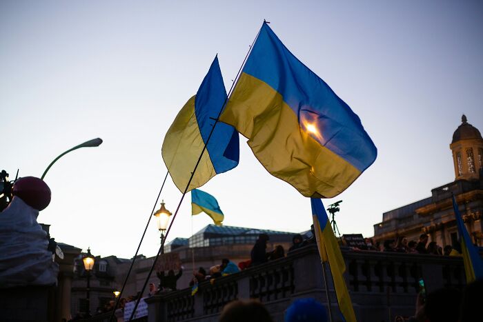 Ukrainian flags waving at a public rally during sunset