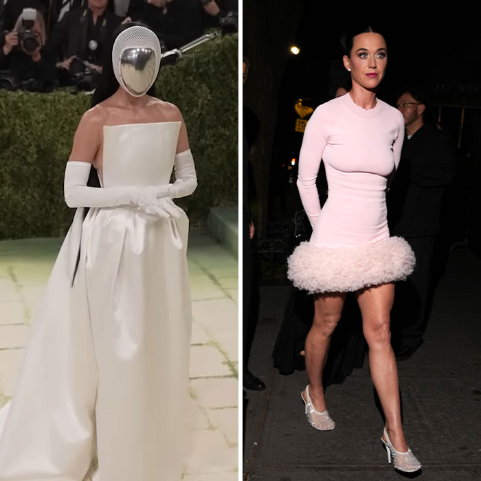 Met Gala Afterparty fashion transformations: Kim Kardashian in a white gown and mask, next to Katy Perry in a pink feathered dress.