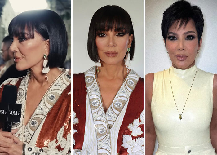 Kris Jenner in three panels showcasing her changing looks, highlighting Met Gala plastic surgery trends.