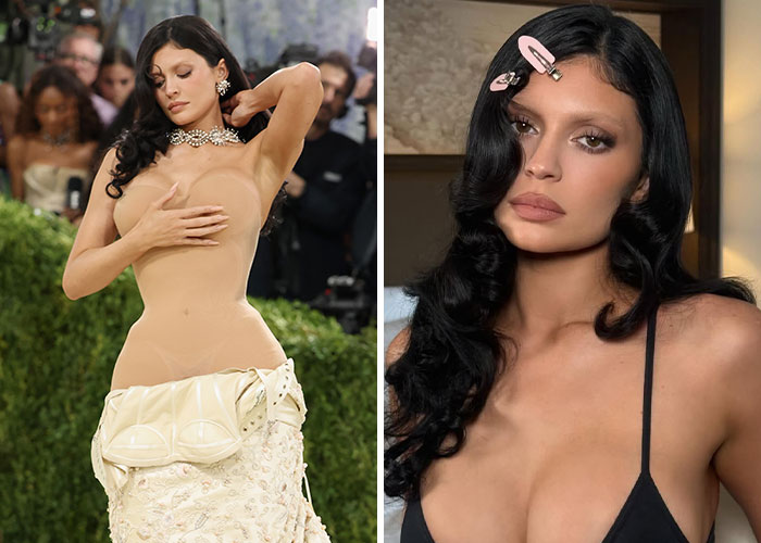 A split image of Kylie Jenner showcasing plastic surgery. Left, at Met Gala 2026; right, close-up with hair clips.