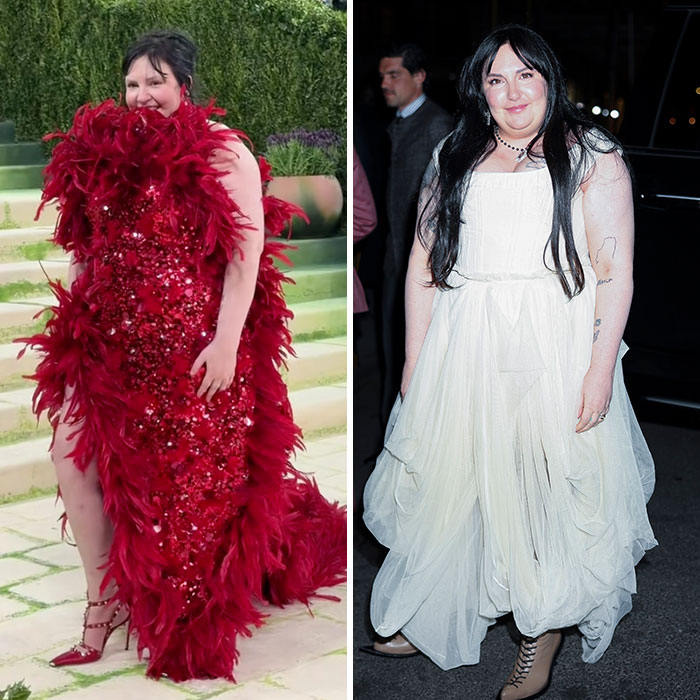 A Met Gala attendee in a red feathered gown and then a simpler white dress, showing fashion transformations.