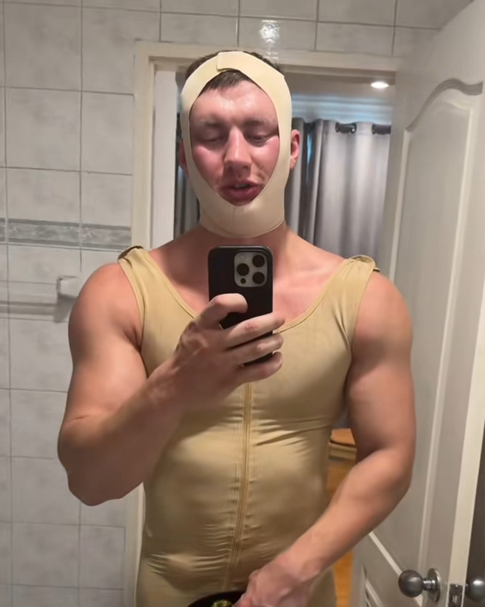 Man wearing compression garment and head wrap post plastic surgery