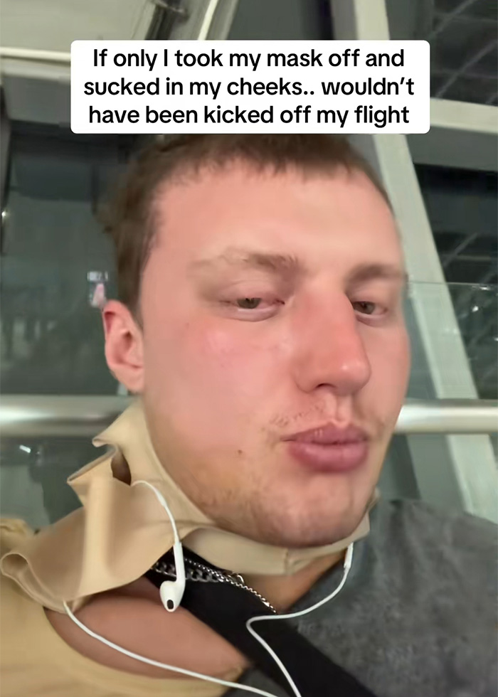 Close-up of man with cheek suction comment after being kicked off flight
