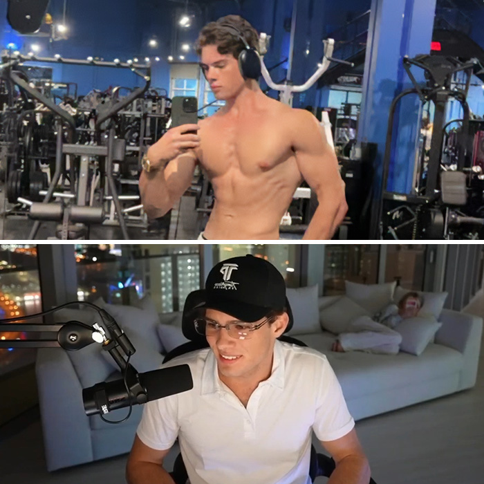 Looksmaxxing influencer Clavicular shirtless taking gym mirror selfie with headphones on Looksmaxxing influencer Clavicular shirtless taking gym mirror selfie with headphones on