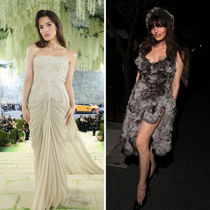 A woman in a flowing Met Gala gown and then in a dramatic feathered afterparty look, highlighting fashion transformations.