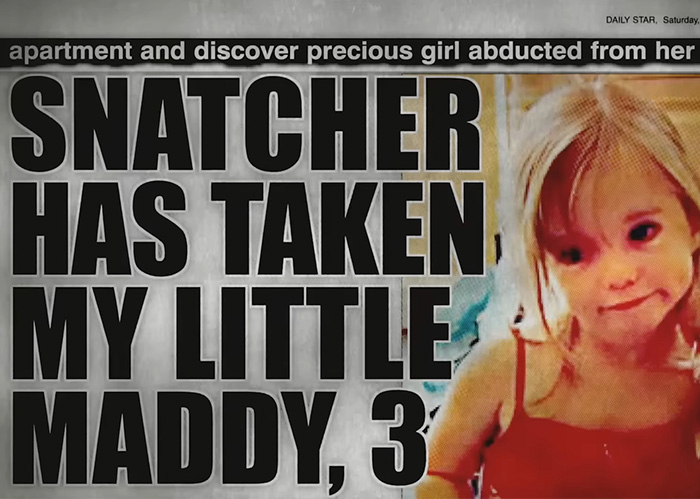 Newspaper headline about abduction of missing child Maddy