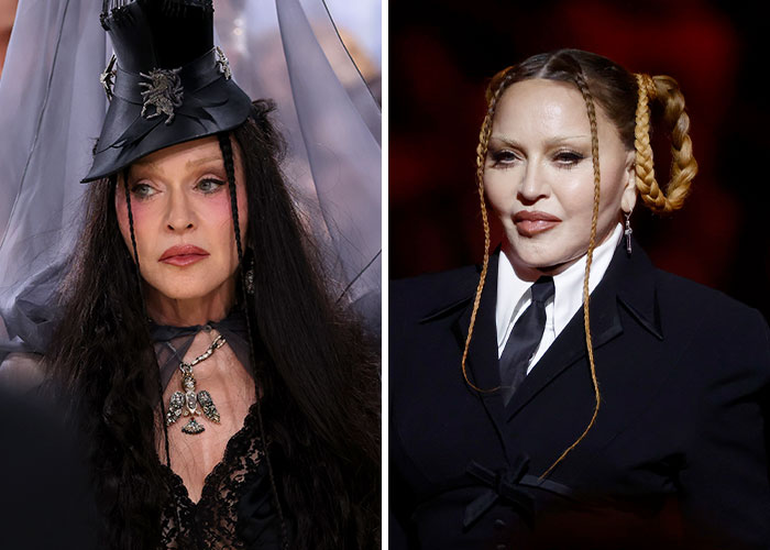 Two images of Madonna. Left: dark attire, ornate hat. Right: black suit, tie, blonde braids. Focus on plastic surgery.