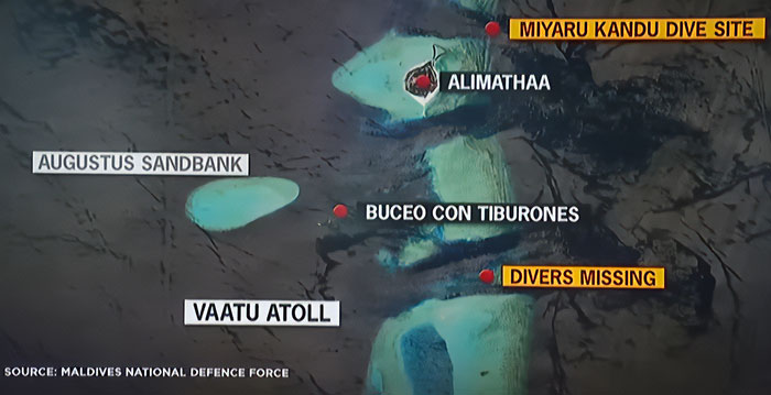 Mapa mostrando o local de mergulho na caverna das Maldivas e o local onde os mergulhadores desapareceram