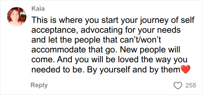 A comment from Kaia on self-acceptance and advocating for needs. This relates to thinking something is wrong with him.
