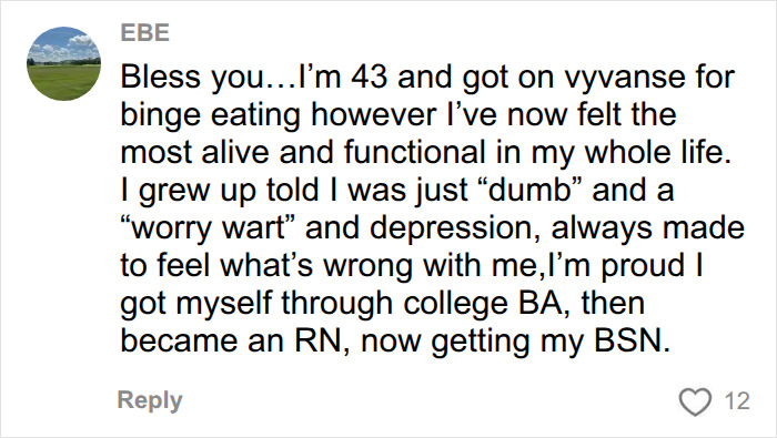 A text comment from EBE discusses life changes after a diagnosis, feeling alive and functional, overcoming feeling something is wrong with him.