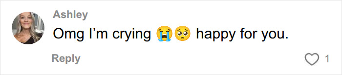 A comment from Ashley says, "Omg I'm crying 😭🥺 happy for you." This reaction follows a life-changing diagnosis story.