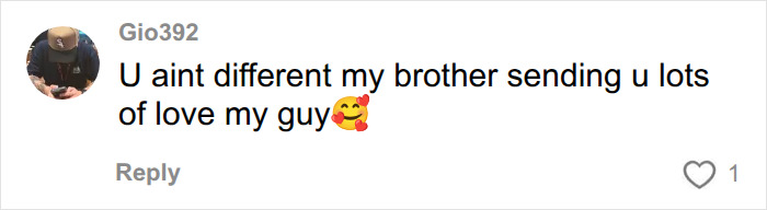 A comment by user Gio392, offering love and support, implying a man's life changed with a diagnosis.