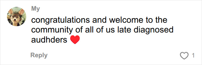 A social media comment from "My" with a profile picture of a person with animal ears and glasses, congratulating on a diagnosis.