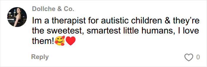 A social media comment from Dollche & Co., a therapist for autistic children, expressing love for them. One diagnosis changes everything.