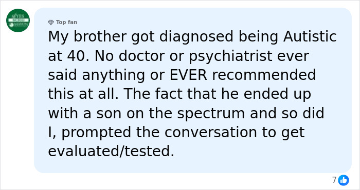 A text message: "My brother got diagnosed Autistic at 40. No doctor ever said anything... thinking something is wrong with him until one diagnosis changes everything."