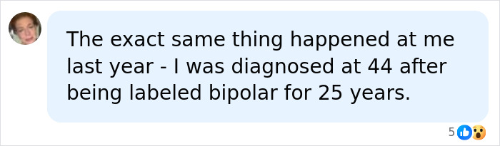 A user's comment detailing their diagnosis at 44 after 25 years, relating to the feeling something is wrong with him.