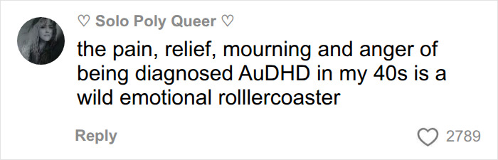 A tweet about the emotional impact of a late AuDHD diagnosis, describing the rollercoaster of pain, relief, mourning, and anger after thinking something is wrong.